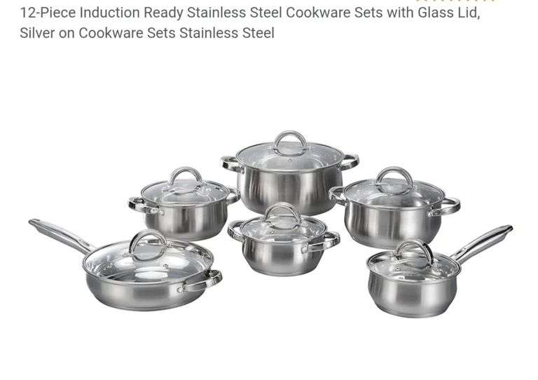 12-Piece Induction Ready Stainless Steel Cookware Sets with Glass Lid, Silver on Cookware Sets Stainless Steel