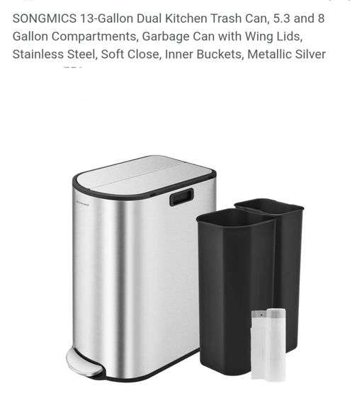 SONGMICS 13-Gallon Dual Kitchen Trash Can, 5.3 and 8 Gallon Compartments, Garbage Can with Wing Lids, Stainless Steel, Soft Close, Inner Buckets, Metallic Silver