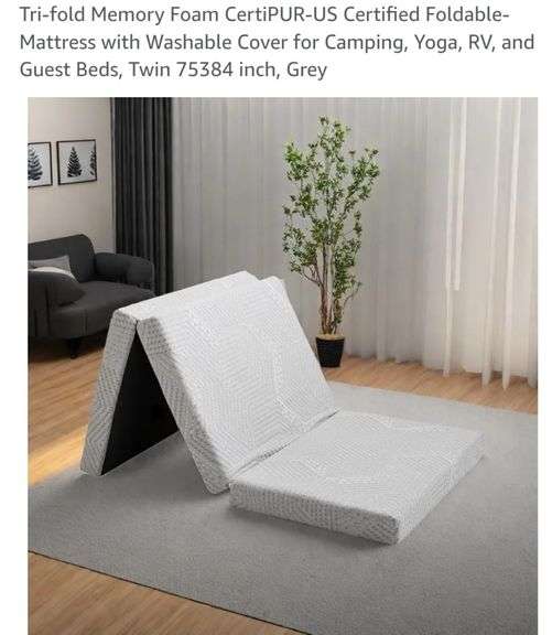 Tri-fold Memory Foam CertiPUR-US Certified Foldable-Mattress with Washable Cover for Camping, Yoga, RV, and Guest Beds, Twin 75384 inch, Grey