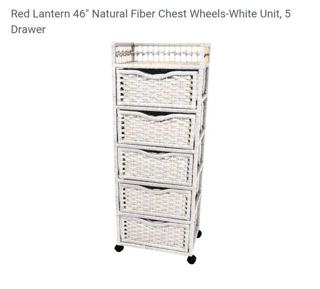 Red Lantern 46" Natural Fiber Chest Wheels-White Unit, 5 Drawer
