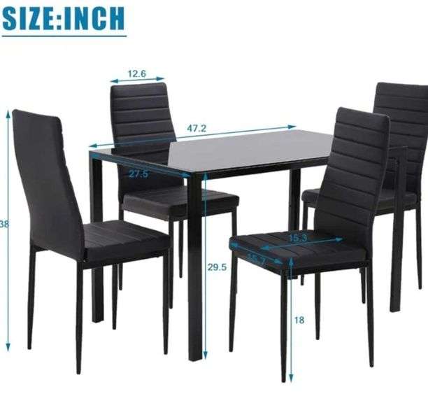 READ!! FDW | 5-Piece Dining Table Set | Glass Kitchen Table with 4 Upholstered Chairs | Space-Saving Design | Faux Leather Cushions | Modern Rectangular Table | Black | for Dining Room, Small Spaces