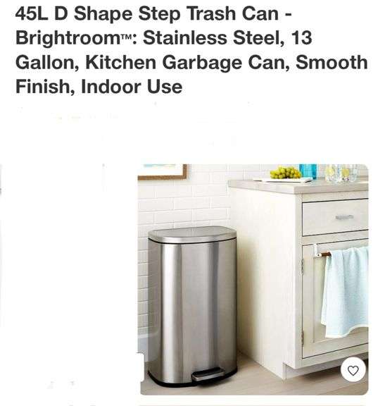 45L D Shape Step Trash Can - Brightroom™: Stainless Steel, 13 Gallon, Kitchen Garbage Can, Smooth Finish, Indoor Use