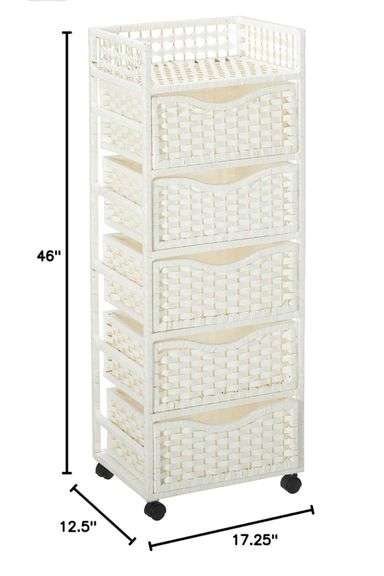 Red Lantern 46" Natural Fiber Chest Wheels-White Unit, 5 Drawer
