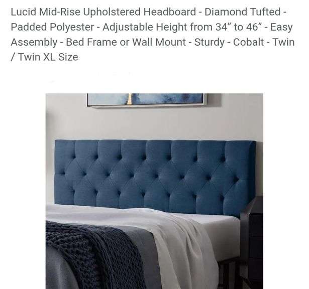 Lucid Mid-Rise Upholstered Headboard - Diamond Tufted - Padded Polyester - Adjustable Height from 34” to 46” - Easy Assembly - Bed Frame or Wall Mount - Sturdy - Cobalt - Twin / Twin XL Size