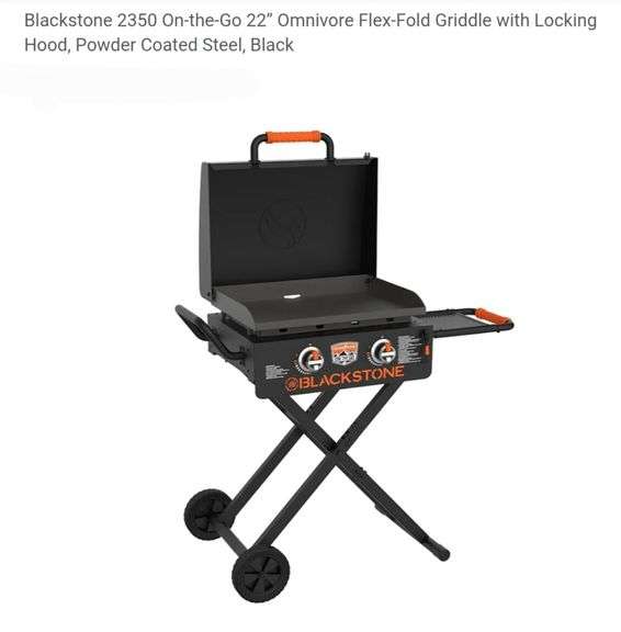Blackstone 2350 On-the-Go 22” Omnivore Flex-Fold Griddle with Locking Hood, Powder Coated Steel, Black