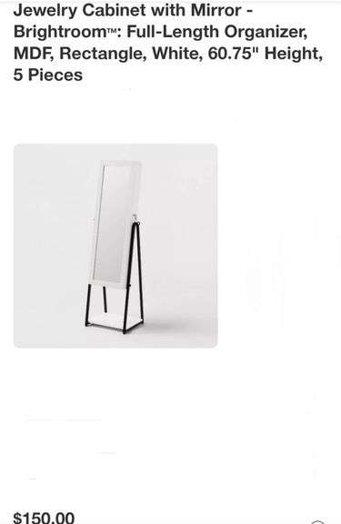 Jewelry Cabinet with Mirror - Brightroom™: Full-Length Organizer, MDF, Rectangle, White, 60.75" Height, 5 Pieces