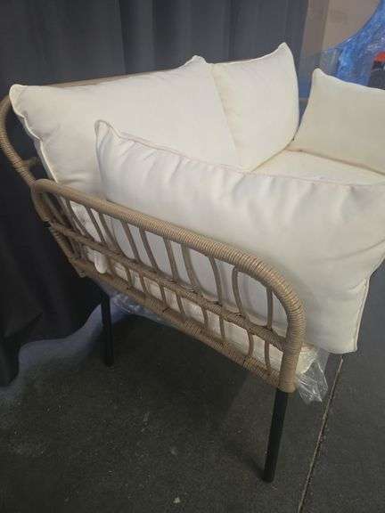 All-Weather Wicker Loveseat Sofa with Beige Cushions & Lumbar Pillows