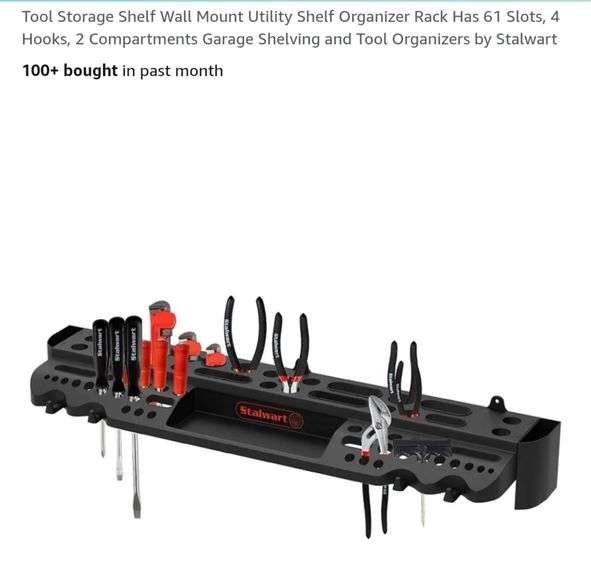 Tool Storage Shelf Wall Mount Utility Shelf Organizer Rack Has 61 Slots, 4 Hooks, 2 Compartments Garage Shelving and Tool Organizers by Stalwart