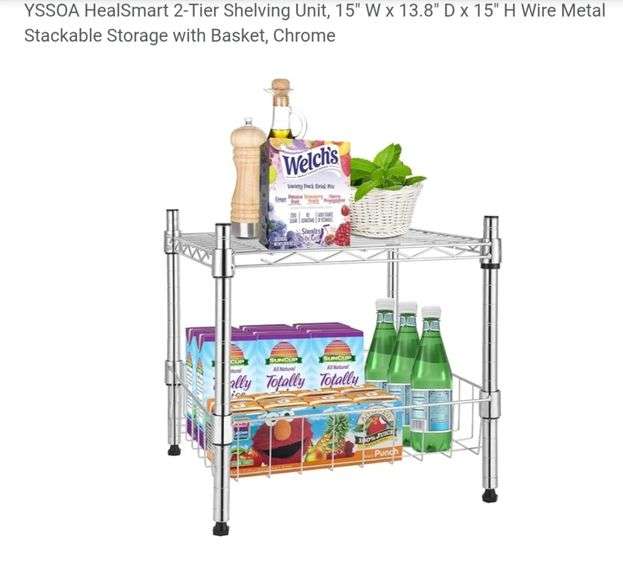 2-Tier Shelving Unit, 15" W x 13.8" D x 15" H Wire Metal Stackable Storage with Basket, Chrome