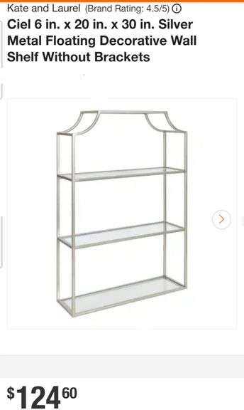 Ciel 6 in. x 20 in. x 30 in. Silver Metal Floating Decorative Wall Shelf Without Brackets