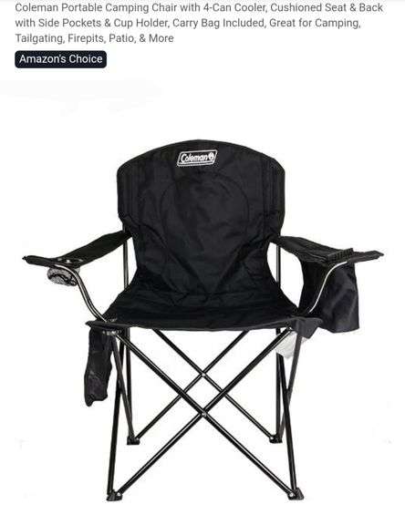 Coleman Portable Camping Chair with 4-Can Cooler, Cushioned Seat & Back with Side Pockets & Cup Holder, Carry Bag Included, Great for Camping, Tailgating, Firepits, Patio, & More