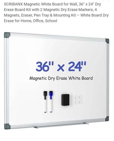 SCRIBANX Magnetic White Board for Wall, 36" x 24" Dry Erase Board Kit with 2 Magnetic Dry Erase Markers, 4 Magnets, Eraser, Pen Tray & Mounting Kit – White Board Dry Erase for Home, Office, School