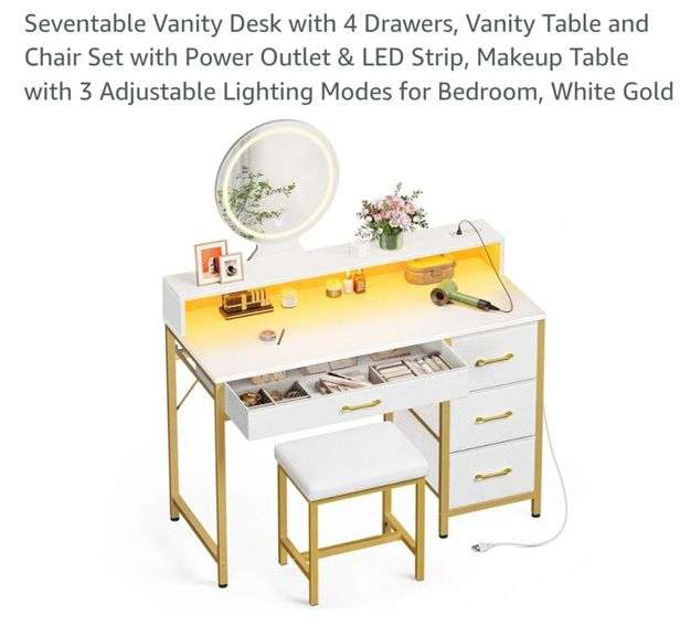 Seventable Vanity Desk with 4 Drawers, Vanity Table and Chair Set with Power Outlet & LED Strip, Makeup Table with 3 Adjustable Lighting Modes for Bedroom, White Gold