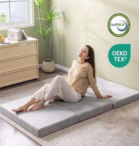 4 Inch Full Tri Folding Memory Foam Mattress for Camping Guest Bed, Washable Cover & Non-Slip Bottom, 75" x 54" x 4", Grey