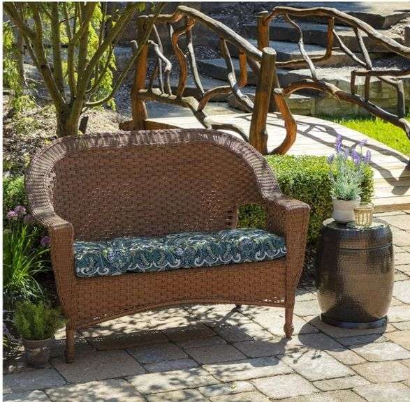 Arden Outdoor Wicker Settee Cushion, 41.5 x 18, Rain-Proof, Fade Resistant Sapphire Aurora Blue Damask