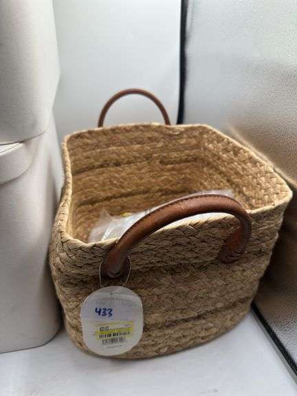 Braided Water Hyacinth Basket with Faux Leather Handles - Threshold™ and (2) Large Decorative Fabric Box Ivory - Brightroom™: Polypropylene & Polyester, Rectangle, 10" H, 15.5" D, 13" W and Casaluna S