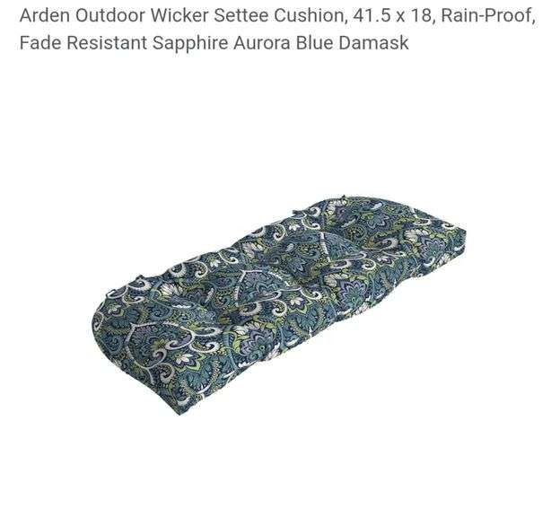 Arden Outdoor Wicker Settee Cushion, 41.5 x 18, Rain-Proof, Fade Resistant Sapphire Aurora Blue Damask