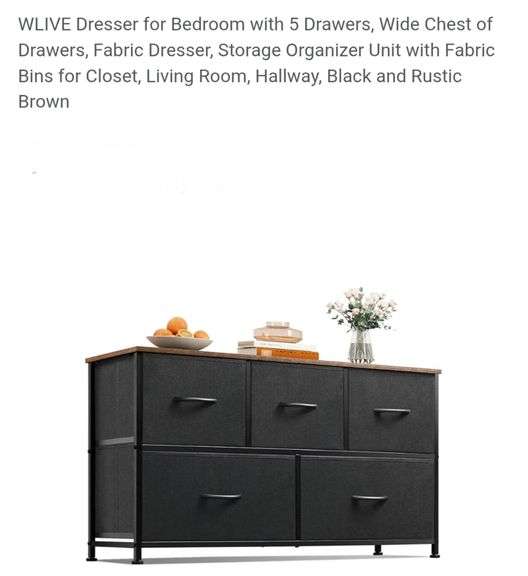 WLIVE Dresser for Bedroom with 5 Drawers, Wide Chest of Drawers, Fabric Dresser, Storage Organizer Unit with Fabric Bins for Closet, Living Room, Hallway, Black and Rustic Brown