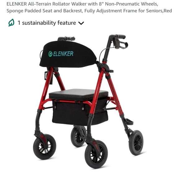 ELENKER All-Terrain Rollator Walker with 8” Non-Pneumatic Wheels, Sponge Padded Seat and Backrest, Fully Adjustment Frame for Seniors,Red