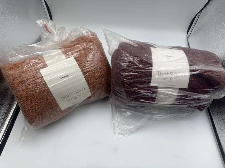 (2) Threshold 60x50" Marled Boucle Textured Wool Cozy Throw Blanket, Orange and Burgundy