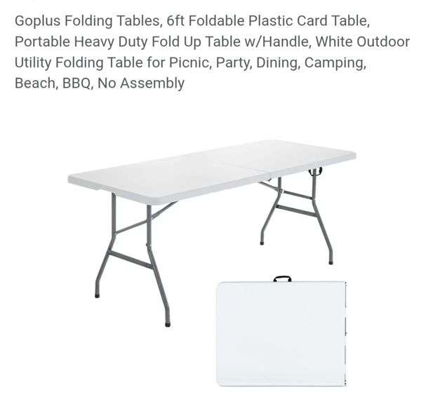 Goplus Folding Tables, 6ft Foldable Plastic Card Table, Portable Heavy Duty Fold Up Table w/Handle, White Outdoor Utility Folding Table for Picnic, Party, Dining, Camping, Beach, BBQ, No Assembly