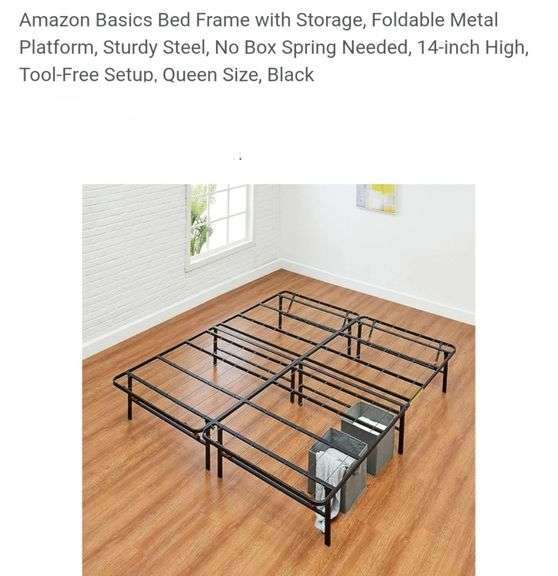 Amazon Basics Bed Frame with Storage, Foldable Metal Platform, Sturdy Steel, No Box Spring Needed, 14-inch High, Tool-Free Setup, Queen Size, Black