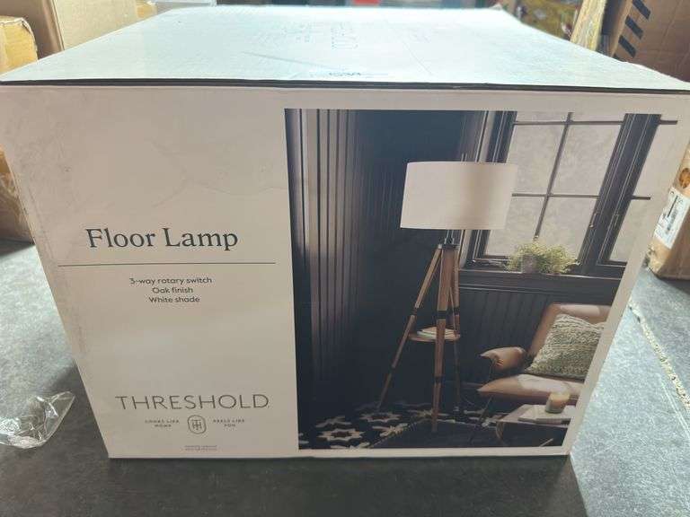 Threshold Tripod Floor Lamp with Shelf Modern Brown Wood Drum Shade 60"x19"