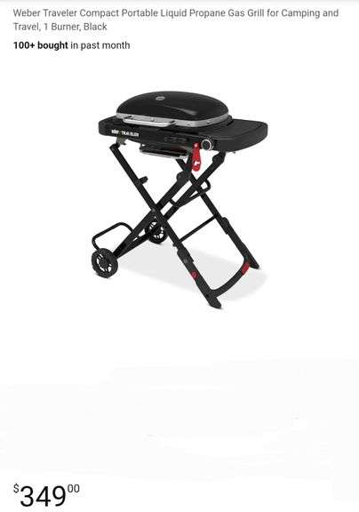 Weber Traveler Compact Portable Liquid Propane Gas Grill for Camping and Travel, 1 Burner, Black