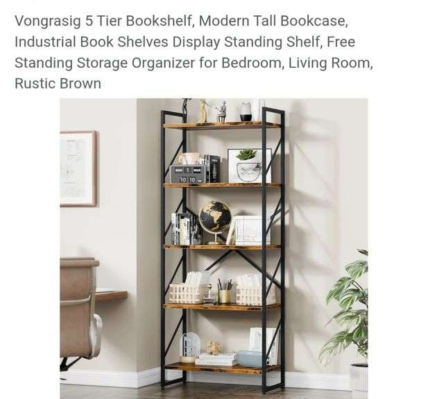 Vongrasig 5 Tier Bookshelf, Modern Tall Bookcase, Industrial Book Shelves Display Standing Shelf, Free Standing Storage Organizer for Bedroom, Living Room, Rustic Brown