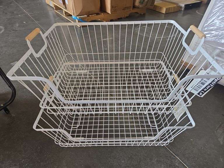 (2) Stacking Wire Laundry Basket with Wooden Handles