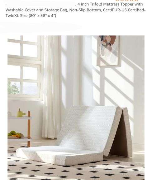 Read! 4 inch Trifold Mattress Topper with Washable Cover and Storage Bag, Non-Slip Bottom, CertiPUR-US Certified-TwinXL Size (80" x 38" x 4")