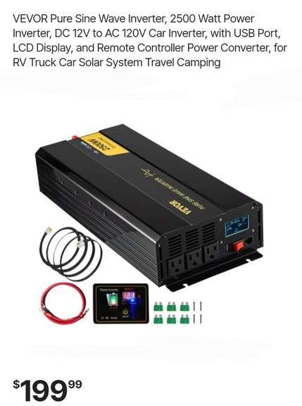 VEVOR Pure Sine Wave Inverter, 2500 Watt Power Inverter, DC 12V to AC 120V Car Inverter, with USB Port, LCD Display, and Remote Controller Power Converter, for RV Truck Car Solar System Travel Camping