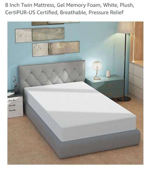 8 Inch Twin Mattress, Gel Memory Foam, White, Plush, CertiPUR-US Certified, Breathable, Pressure Relief