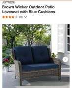 JOYSIDE

Brown Wicker Outdoor Patio Loveseat with Blue Cushions