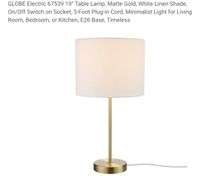 GLOBE Electric 67539 19" Table Lamp, Matte Gold, White Linen Shade, On/Off Switch on Socket, 5-Foot Plug-in Cord, Minimalist Light for Living Room, Bedroom, or Kitchen, E26 Base, Timeless