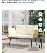 All-Weather Wicker Loveseat Sofa with Beige Cushions & Lumbar Pillows