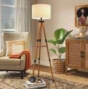 Threshold Tripod Floor Lamp with Shelf Modern Brown Wood Drum Shade 60"x19"