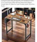 Computer Desk with Storage Bag and Headphone Hook, 31 in Small Home Office Writing Study Desk Modern Simple Style PC Table for Youth Student Adult, 30 Inches Rustic
