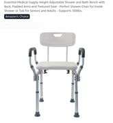 Essential Medical Supply Height Adjustable Shower and Bath Bench with Back, Padded Arms and Textured Seat