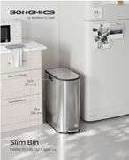 SONGMICS 13-Gallon Dual Kitchen Trash Can, 5.3 and 8 Gallon Compartments, Garbage Can with Wing Lids, Stainless Steel, Soft Close, Inner Buckets, Metallic Silver