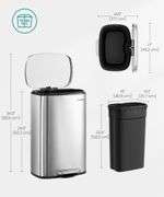 SONGMICS 13 Gallon (50 Liter) Trash Can, Stainless Steel Kitchen Waste Bin, Recycling or Garbage Can, Soft-Close, Step Pedal, Removable Inner Bucket, Silver