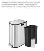 SONGMICS 13-Gallon Dual Kitchen Trash Can, 5.3 and 8 Gallon Compartments, Garbage Can with Wing Lids, Stainless Steel, Soft Close, Inner Buckets, Metallic Silver