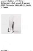 Jewelry Cabinet with Mirror - Brightroom™: Full-Length Organizer, MDF, Rectangle, White, 60.75" Height, 5 Pieces