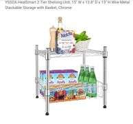 2-Tier Shelving Unit, 15" W x 13.8" D x 15" H Wire Metal Stackable Storage with Basket, Chrome