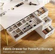 Seventable Vanity Desk with 4 Drawers, Vanity Table and Chair Set with Power Outlet & LED Strip, Makeup Table with 3 Adjustable Lighting Modes for Bedroom, White Gold