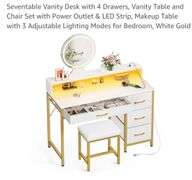 Seventable Vanity Desk with 4 Drawers, Vanity Table and Chair Set with Power Outlet & LED Strip, Makeup Table with 3 Adjustable Lighting Modes for Bedroom, White Gold