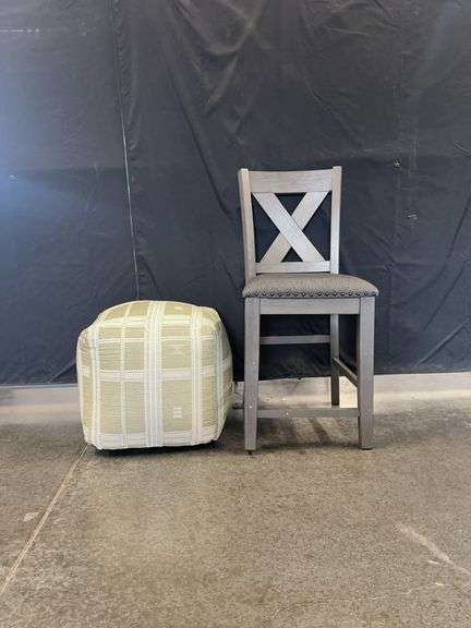 Pouf Ottoman and Tall Gray Bar Chair
