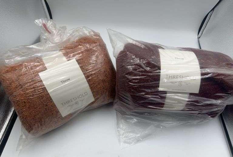 (2) Threshold 60x50" Marled Boucle Textured Wool Cozy Throw Blanket, Orange and Burgundy