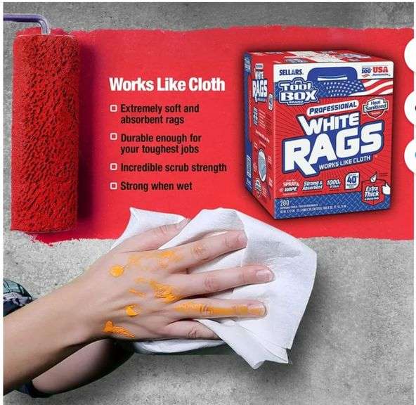 TOOLBOX Professional White Rags Shop Towels Center Pull Box for Painters, Automotive, Contruction, Office and Home - Made in USA (1 Box - 200 Towels)
