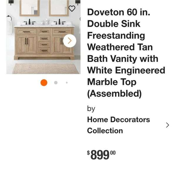Doveton 60 in. Double Sink Freestanding Weathered Tan Bath Vanity with White Engineered Marble Top (Assembled)
